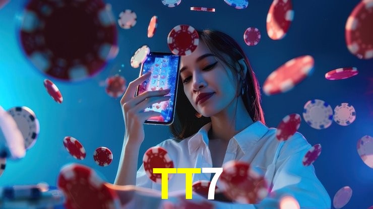 Una escena digital vívida inspirada en casino con TT7 mostrado prominentemente, luces brillantes, fichas, cartas y acentos dorados.